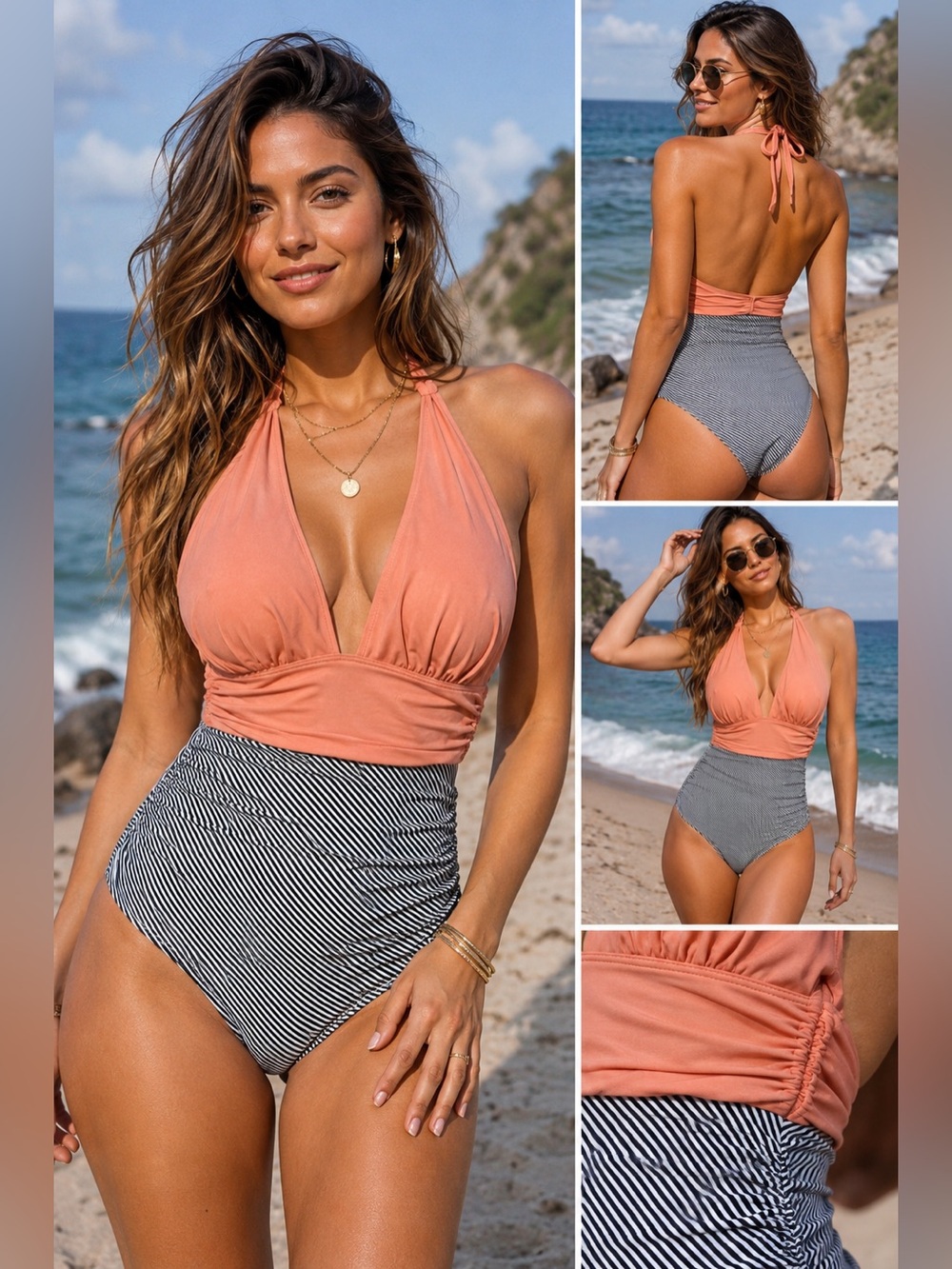 NWT Cupshe Coral Halter One Piece Swimsuit Ruched Striped Retro Pin Up Small